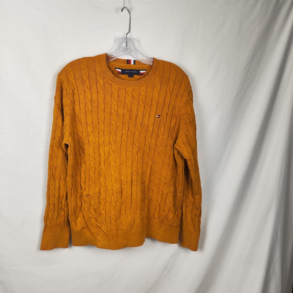Tommy Hilfiger Sweater Mens Medium Orange Cable Knit Crewneck Logo Pullover
